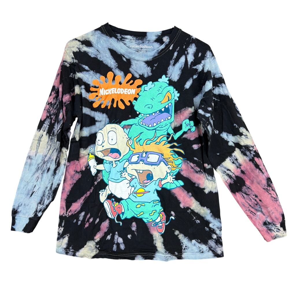 Nickelodeon Womens Graphic Tee Black Bleach Ombre Rugrats Y2K Long Sleeve M